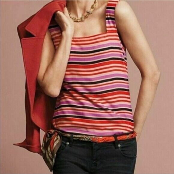 CAbi Banded Cami Striped Pink White Square Neck Tank Polyester Women Small - Picture 1 of 10